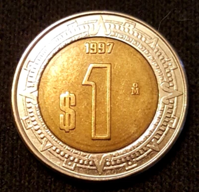 1 Peso 1997 (Anillo del Resplandor) en la piedra calendario azteca Foto 1 de 2