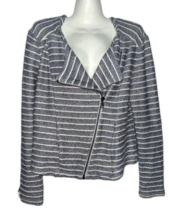 Lou & Grey moto knit jacket womens medium Asymmetrical Zip stripe Blue M B - Picture 1 of 5