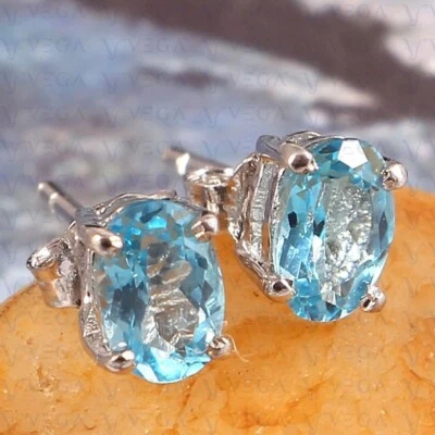 Pendiente solitario aguamarina natural corte ovalado de 4,00 quilates chapado en oro blanco de 18 k Foto 1 de 4