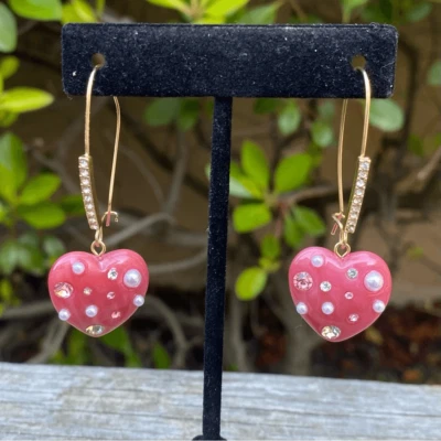 NWT New Betsey Johnson Pink and Gold Heart Earrings w/Rhinestone & Pearl Accents - Image 1 of 4