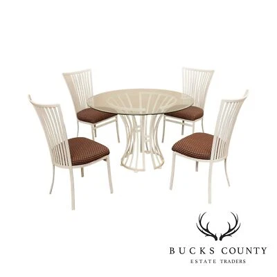 J. C. Laca Blanca Postmoderna Wro. Mesa de comedor redonda de hierro con tapa de vidrio + 4 sillas Foto 1 de 4