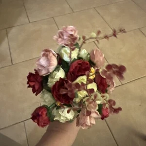 Prom Handheld Bouquet Of Spray Roses In Burgundy, Creme, And Pink. Silk Flowers - Picture 1 of 3