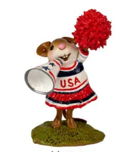 Wee Forest Folk CHEERFUL CHEERING, WFF# M-737, Patriotic Cheerleading Mouse - Picture 1 of 1
