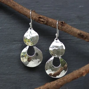 925 Sterling Silver Hammered Double Drop Dangle Earrings Handmade Artisan es158 - Picture 1 of 8