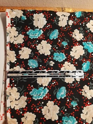 1.5 YDS Vintage Poly Fabric by Loomskill Inc BLUE BEIGE BLACK RED FLORAL Print - Image 1 of 4