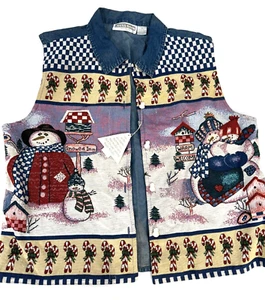 Dress Barn Denim Vest Winter Snowman Scene Size 1XL Women's Snowman Buttons - Picture 1 of 9