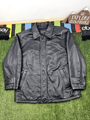 Wilson L Chaqueta Cuero Negro Abrigo Coche Mantequilla Suave Cremallera Botón Acolchado Forrado Foto 1 de 4