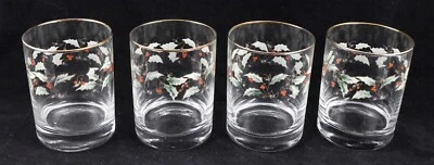 Juego de 4 vasos Lowball antiguos de acebo con bayas rojas borde dorado Foto 1 de 4