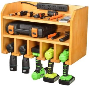 Wall Mounted Drill Charging Station Tool Storage Organizer Wooden Power Toolbox 