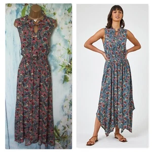 NEW LADIES ROMAN DRESS SIZE 16, Floral Print Shirred Waist Hanky Hem Midi Maxi - Picture 1 of 11