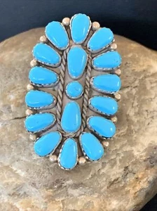 Kingman Turquoise Navajo Sterling Silver Cluster Ring Size 8 Adjustable 13855 - Picture 1 of 12