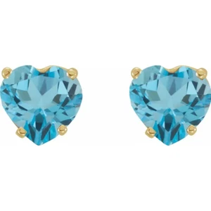 14K Gold w/ 5 x 5 mm Natural Swiss Blue Topaz Heart Earrings - Picture 1 of 2