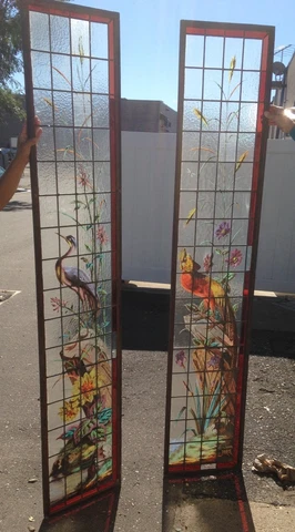 Very Rare French Pair of Painted and Fired Stained Glass Windows Double Sided Cover