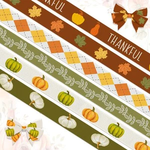 6 PCS Fall Pumpkins Ribbons 3/8" Grosgrain Green Orange Thanksgiving Decor - Picture 1 of 5