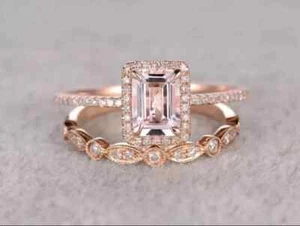 2Ct Emerald Lab Created Morganite 14K Rose Gold Plated Wedding Bridal Ring Set - Picture 1 of 8