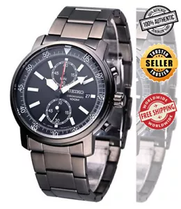 Seiko SNN229 SNN229P1 Men Chronograph Black Dial Black Steel 100m Quartz Watch - Picture 1 of 5