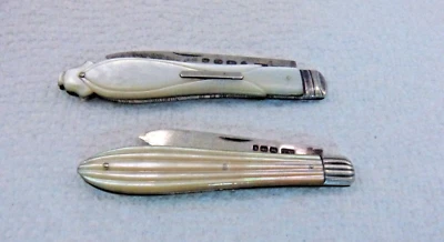 Two Antique 19th Century Mother of Pearl Fancy Foldin Silver Pocket Fruit Knives - Image 1 of 4