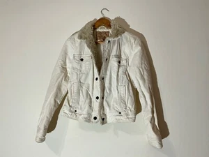 Aeropostale Damen Cord Sherpa gefütterte Trucker Jacke weiß Gr. M Boho Cowgirl - Bild 1 von 4