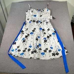 A.P.N.Y. Sundress Womens 12 White Blue Black Floral Straps Waist Tie Zip-Up - Picture 1 of 18