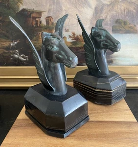 PEGASUS Winged Horse Large BRONZE BOOKENDS Antique Heavy Wood Bases - Picture 1 of 11