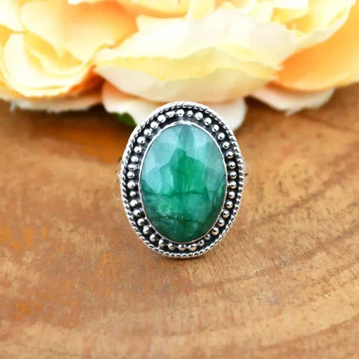 925 Sterling Silver Oval Emerald Ring for Women Handmade Statement ring Gift - Image 1 of 4