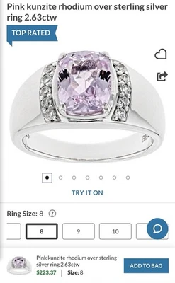 粉色 Kunzite 铑纯银戒指 2.63 克拉 8 码 — 第 1/4 张图片