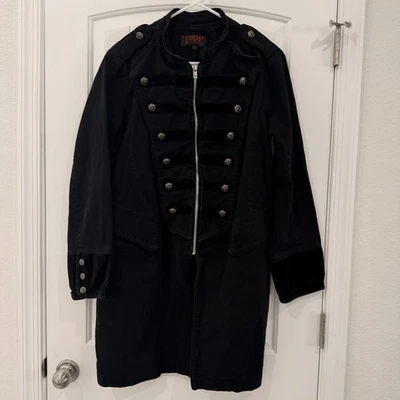 Tripp NYC Mens L Black Military Style Coat Goth Punk Zip Front Velvet Skulls - Image 1 of 4