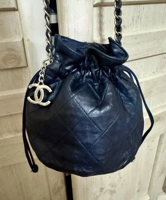 Vintage Chanel Navy Blue Drawstring Bucket Bag Crossbody Authentic - Image 1 of 4