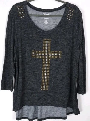 Top Wrangler Rock 47 para mujer 2X gris jaspeado adornado dobladillo alto bajo cruz Foto 1 de 4