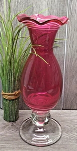 Vintage Cranberry Art Glass Vase Stemmed White Glass Accents Heavy 11" Tall - Picture 1 of 10