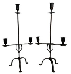 Pair Antique 19thC French Gothic Renaissance Wrought Iron Bouillotte Candelabra - Picture 1 of 18