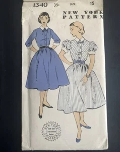 Vintage 1950s NEW YORK Sewing Pattern #1340 Women’s Dresses Size 15 - Picture 1 of 2