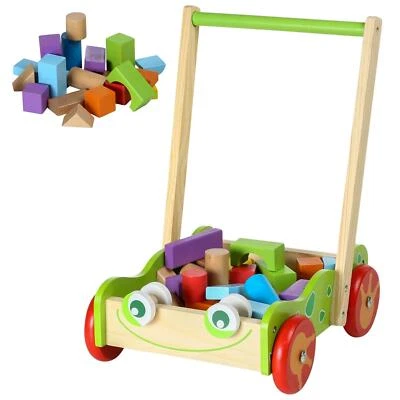 Baby Wooden Walker and Bricks Activity Block Cart Learning Toddler Colourful Toy - Image 1 of 4