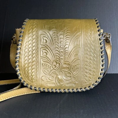 Patricia Nash Salerno Saddlebag Retro Burnished Tooled Italian Leather Green - Image 1 of 4