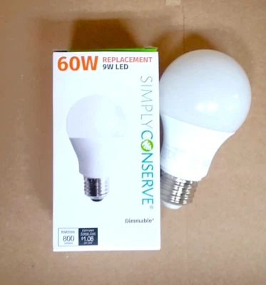 2x Simply Conserve 9W LED 4000K Dimmable A19 60W Equal Light Bulb L09A1940KENCL - Image 1 of 4