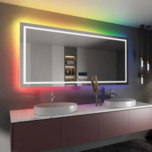 Large LED Bathroom Mirror with Lights Bluetooth Wall Mirrors Anti-Fog Dimmable - Picture 1 of 77