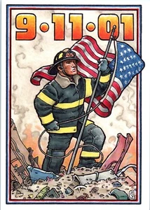 Postcard Artist Rick Geary - Remember NY 9-11-01 - Firefighter with Flag 4x6 - Picture 1 of 2