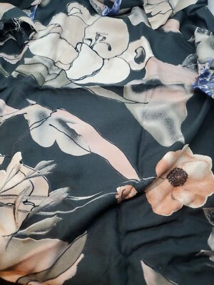 Rayon Floral Dress Fabric 1.5yds x 60" dk green, peach, blue drapes washable - Image 1 of 2