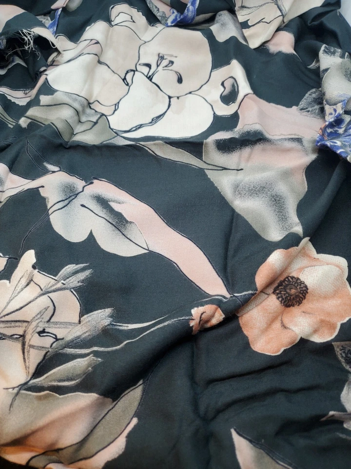 Rayon Floral Dress Fabric 1.5yds x 60" dk green, peach, blue drapes washable - Image 1 of 2