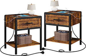 Nightstand Set of 2 with Charging Station, End Table Bedside Rustic Brown