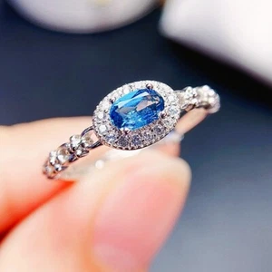 Oval Natural London Blue Topaz Halo Diamond Engagement Ring 925 Sterling Silver - Picture 1 of 11