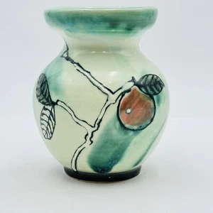 Green Majolica Vase Studio Pottery W Raised Painting Orange Tree Branch Signed - Picture 1 of 12