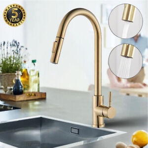 Modern Brushed Gold Kitchen Sink Mixer Tap Pull Out Sprayer Swivel Single Handle