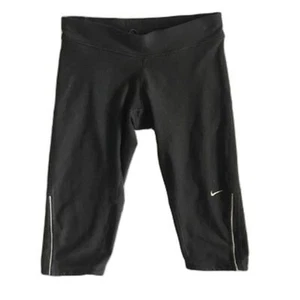 Nike DRI-FIT Black Athletic Knee Crop Length Leggings Shorts Run Zip Pkt Size XS - Picture 1 of 11