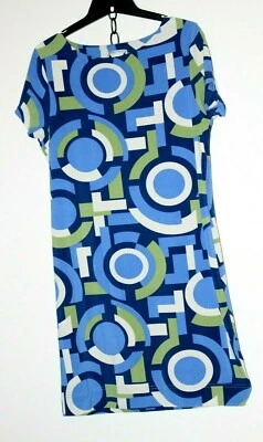 MARC BOUWER XS Dress Blue Multi Bold Graphic Sheath Shift Knit Stretch S/Slvs  - Image 1 of 4