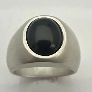 ANELLO MJG ARGENTO STERLING. PESANTE. CAB 12 x 10 mm OVALE onice nera naturale.  TG 9,5 - Foto 1 di 6