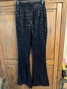 NWT Black Sequin High-Rise Flare Statement Pants Size M - Picture 1 of 15