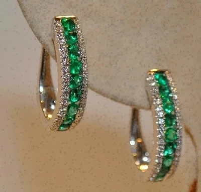 2Ct Round Cut Lab-Created Emerald Hoop Earrings Women's 14K White Gold Plated - Image 1 of 3