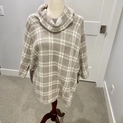 ANN TAYLOR LOFT Sweater Women's M/L Cozy Sweater Plaid Cream Tan Rounded Hem - Image 1 of 4