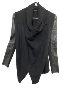 AllSaints Lucia Cardigan Womens Black Sweater Open Jacket Merino Leather S NWT - Picture 1 of 10
